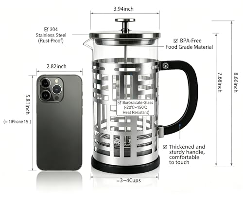 PSAVGLA French Press Coffee Maker 34 oz, Glass Coffee Press with 304 Stainless Steel Filter, Plastic-Free Brewer for Coffee, Cold Brew,Tea & Cocoa, With Extra Filter — view 4