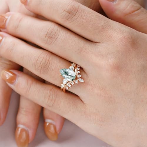 Pear Cut Moss Agate Bridal Ring Set for Women 1CT Teardrop Natural Moss Agate Wedding Ring Set 925 Sterling Silver 10K 14K 18K Gold Engagement Ring Set for Women2