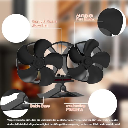 weareok Ofenventilator Kamin Ventilator Kaminventilator Kaminbesteck Lüfter für Kaminofen Holzofen Pelletofen ohne strom Leiser Betrieb mit Thermometer Wärmebetriebener Ventilator (Doppelköpfig)