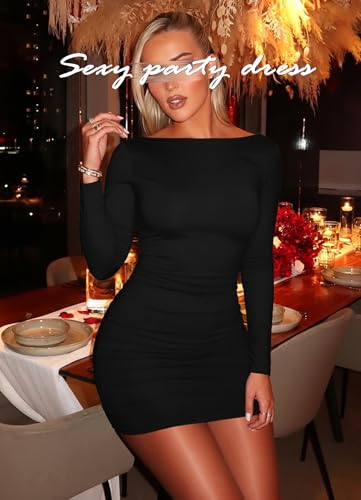 Navneet Women Boat Neck Mini Dress Ruched Long Sleeve Dress Sexy Bodycon Dresses Going Out Dresses Cocktail Party Club Fall - Image 6