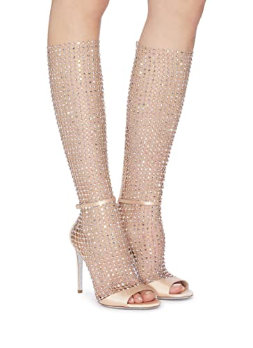 Missheel Sparkly Heels Gold Rhinestones High Heel Sandals Knee High Heels Sexy Fishnet Mesh Stiletto Size 6 #TOP1