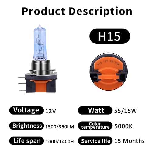 Image of H15 Headlight Bulb 5000K Super White Light Long Life Replacement PGJ23T1 12V 15W /55W (H15, 2 Pack)