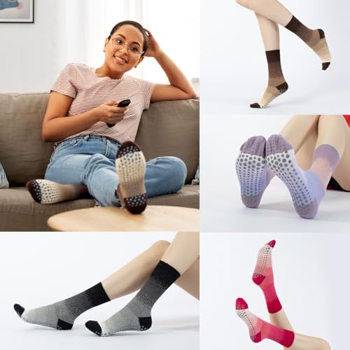 Image of Pilates Grip Yoga Socks with Grips for Women, Colorful Non Slip Crew Athletic Socks for Barre, Dance, Fitness, Home Workouts - Anti-Slip Design.(red