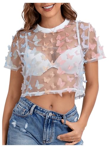 SweatyRocks Women Sheer Mesh Crop Tops Floral Embroided See Throught Short Sleeve Tee Shirt Blouse