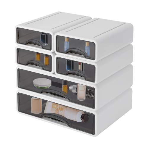 Organizador de oficina, 6 compartimentos, cajones cerrados, apilable, de plástico, con asas, suministros de oficina, organizador de mesa para el hogar y la oficina, 34 x 25 x 33 cm, color blanco