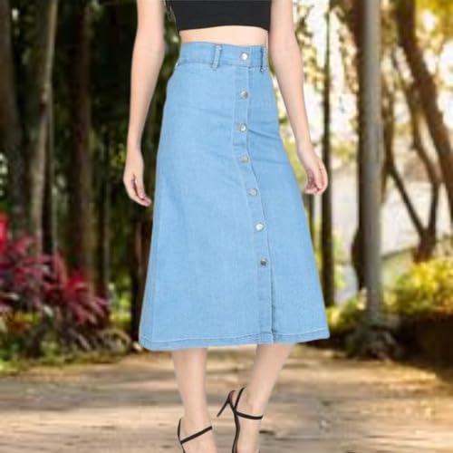 Image of Straight Stylish Comfortable Long Two Button Up Slit Dobby Denim Skirt for Women & Girls
