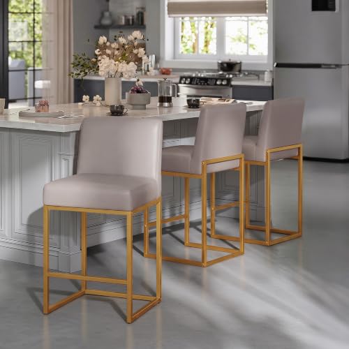 LVHOMLAX Counter Height Bar Stools,Bar Stools Set of 3,26 PU Leather Modern Kitchen BarStools with Backs,Bar Chairs with Metal Gold Frames,Support 480 LBS,Elephant Grey Leather