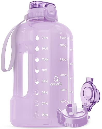 AQUAFIT 1 Gallon Water Bottle with Time Marker - Straw & Chug Lid - BPA Free Gym Water Bottle with Straw - Big Gallon Jug (Purple Haze, 128 oz - 2in1 Lid)