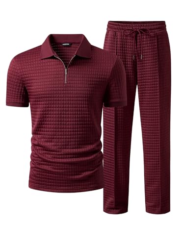 JMIERR Mens Summer Outfits 2 Piece Short Sleeve Sets Beach Quarter Zip Polo Shirts Casual Loose Pant...