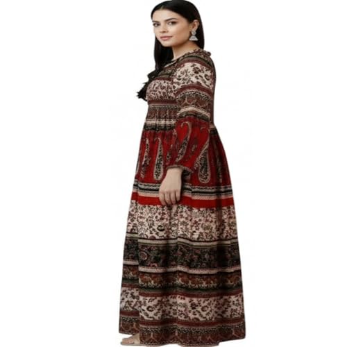 Image of Women's Cotton Dress Jaipuri Sanganeri Print Midi Long Dress Printed Fit and Flare Maxi Dress A-Line Gown Dress Maxi Skirt, Mandala (Free Size)