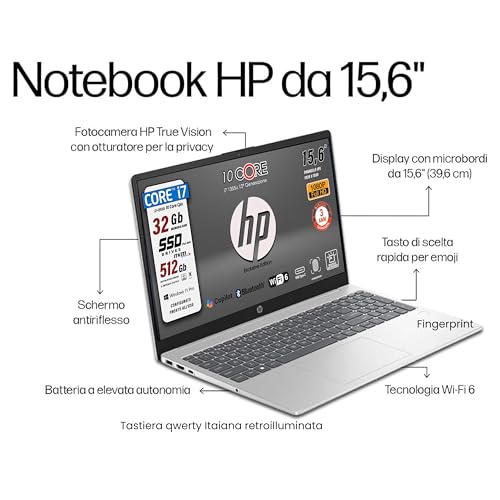 Image of HP 250 G10, Laptop Notebook, Intel Core i7 1355u,13Th, 10Core, Ram 32Gb, SSD 512Gb, 15.6 inch IPS FHD, Wi-Fi 6, HD Webcam, Backlit Keyboard, Fingerprint, Win 11Pro, Italy Warranty