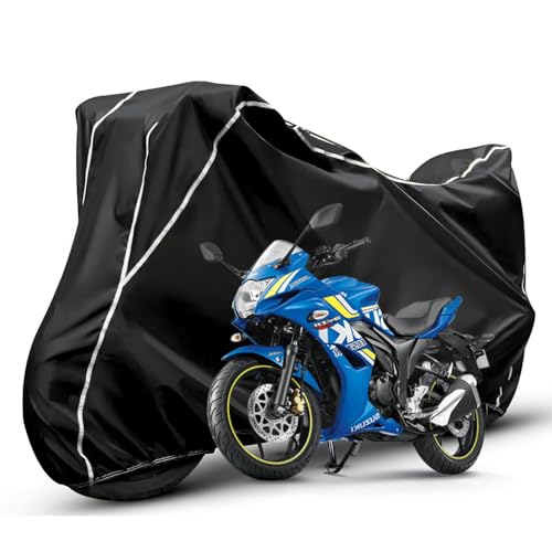 Image of Waterproof Bike Body Cover Compatible with Suzuki Gixxer Dustproof Scratchproof - Motorcycle Cover for Two Wheeler, Outdoor Full Cover with UV, Duty, Rain Protection (Black & White)
