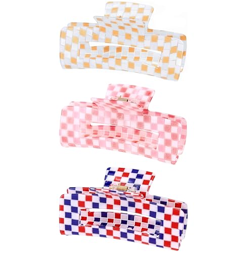 Checkered Hair Claw Clips for Women Ladies, 4inch Fashion Large Hair Clips for Styling Claw Clamps Thick Hair Retro Rectangle Shape Hair Jaw Clips (3 Pack)