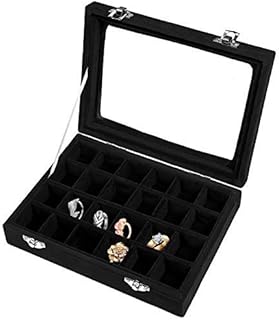 Meshela 24 Section Velvet Glass Jewelry Ring Display Organiser Case Tray Holder Earrings Storage Box (Black)