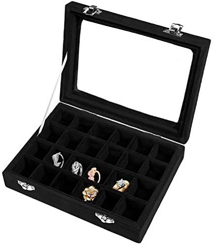 Meshela 24 Section Velvet Glass Jewelry Ring Display Organiser Case Tray Holder Earrings Storage Box (Black)