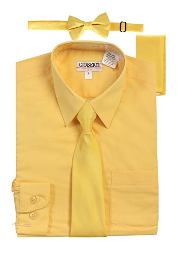 Image of Gioberti Boy's Long Sleeve Dress Shirt + Solid Tie, Bow Tie, and Hanky