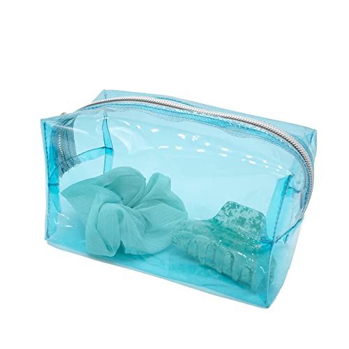 Pressume de PONETTE - Pack Neceser Azul Turquesa Transparente con Pinza de Pelo Grande Verde Turquesa con Glitter y Coletero Scrunchie de Gasa Turquesa Brillo, Marca Española Cover