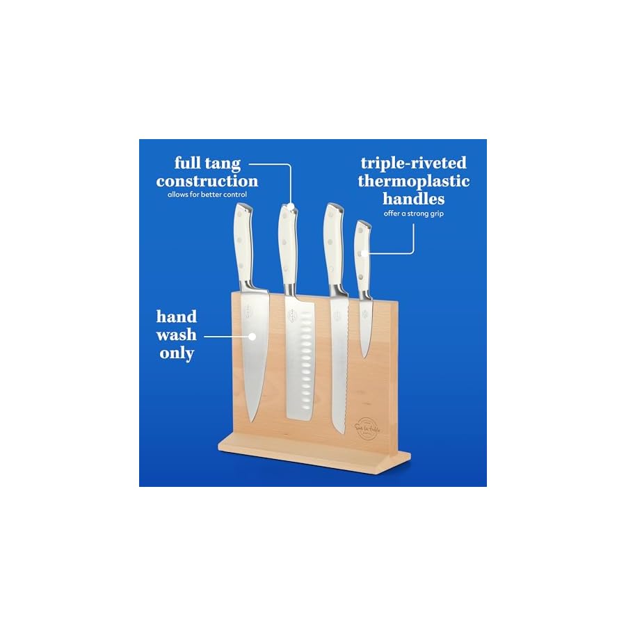 Sur-La-Table-Kitchen-Essentials-5-Piece-German-Steel-Blade-wTriple-Riveted-Handle-Set-on-Beechwood-Magnetic-Block-Linen-White Sur La Table Kitchen Essentials 5 Piece German Steel Blade w/Triple Riveted Handle Set on Beechwood Magnetic Block - Linen White