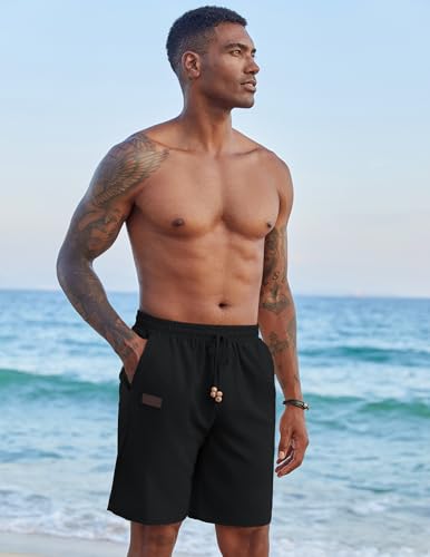 Image of COOFANDY Mens Casual Linen Shorts Elastic Waist Drawstring Loose Fit Summer Beach Vacation Shorts with Pockets