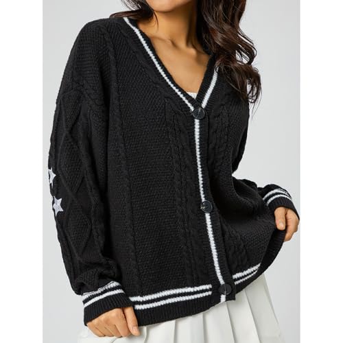 Image of Women's Long Sleeve Cardigan V Neck Stars Button Down Oversized Open Front Sweaters Casual Cable Batwing Knitted Coat