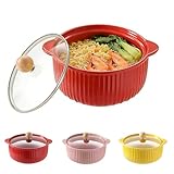 LUPATDY Cuenco de Cerámica con Tapa de Vidrio, 800ml Cuenco para Fideos Instantáneos con Asas, Ensaladera para Microondas, Horno y Lavavajillas, Ideal para Pasta, Arroz, Ensalada (Rojo)
