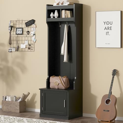 Minimalist Slim Hall Tree with Cabinet & 6 Hanging Hooks,