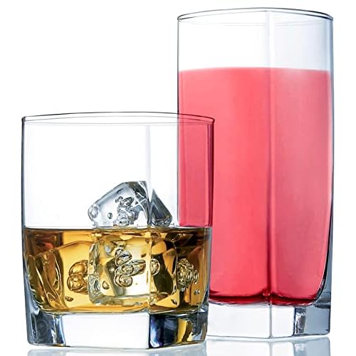 Everyday Drinking Glasses Set of 8 Drinkware Kitchen Glasses for Cocktail, Iced Coffee, Beer, Ice Tea, Wine, Whiskey, Water, 4 Tall Highball Glass Cups & 4 Short Old Fashioned.