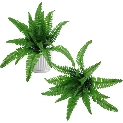 Helecho artificial para exteriores, plantas de helecho artificial, 2 unidades de plantas verdes de Boston resistentes a los rayos UV, ornamentos de jardín verde veraniego con texturas
