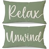 HERHOME Decorative Throw Pillow Covers 12x20 Inch Set of 2 Relax Unwind Sage Green Outdoor Farmhouse Front Porch Patio Decor Spring Summer Lumbar Cushion Case Decoration for Living Room Sofa Couch