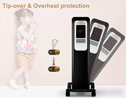 Aikoper Space Heater, 1500W Oil Filled Radiator heater with 24-Hours Timer, Remote Control, Digital Thermostat, Tip-over & Overheat Protection, Electric Portable Heater for Full Room Indoor Office