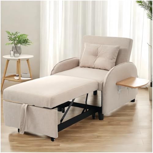 Lubvtti Sofá Cama Individual Extensible Multifuncional con mesas Plegables, sofá Individual,sofá Cama Chaise Longue 123 x 167 x 78 cm,sillón Relax,sillones Individuales,sofá 1 Plaza,Beige