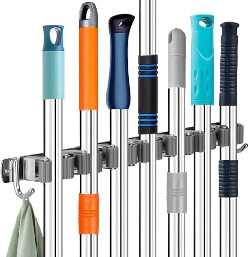 Broom and Mop Hanger, Stainless Steel Wall Broom Holder with 7 Br...