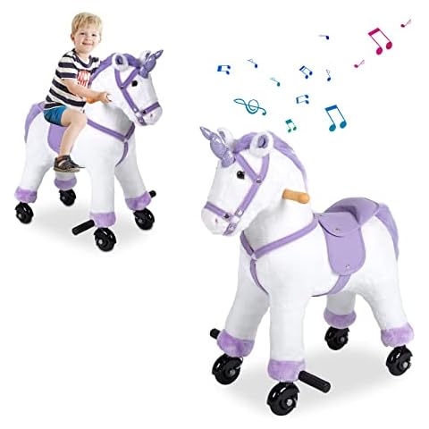 Kids Ride On Horse Toys - Unicorn Riding Horse, Mechanical Real Walking Horse with Rolling Wheels & Sound Music for Childern 3-6 Years Old, White Cover