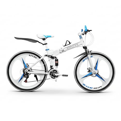 Image of QUESEC BWM Folding Gear Cycle for Adults 26 Inch 21 Speed Mountain Bike with Dual Suspension, Dual Disc Brake, Alloy Wheels, Foldable Bicycle for Boys Girls Daily Commute Fitness Ride - White
