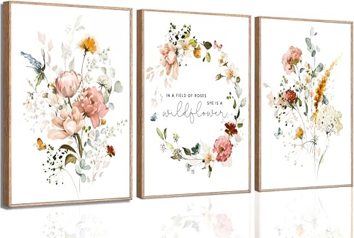 Image of 3Pcs Wildflower Canvas Wall Art In Flower Botanical Sentence Poster Prints Pink Watercolor Flower Wreath Decorative Painting for Girl's Room for Dedroom living room Inspirational Wall Decoration