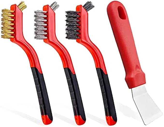 Wire Brush Set, 4 Pcs Nylon/Brass/Stainless Steel Bristles with Curved Handle Grip for Rust Removal, Dirt, Paint Scrubbing with Deep Cleaning,7 Inches (Red).