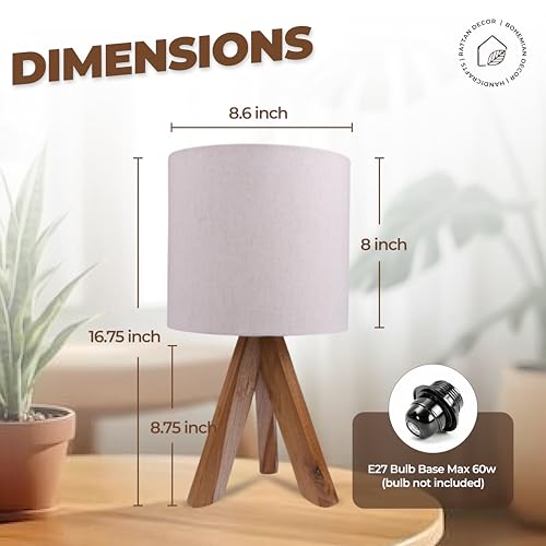 Image of Ikari Homes Modern Teak Tripod LED Table Lamp With Wooden Base And White Fabric Shade, Bedside Desk Light For Living Room I Bedside Lamp For Night /Study Lamp I Size 16.75 In X 8.6 In