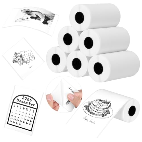 6 Rollen Mini Drucker Rollen 53 x 28mm Drucker Papier Weiße Thermorollen Sticker Papier Selbstklebend für Journal Studiennotizen Fotodruck