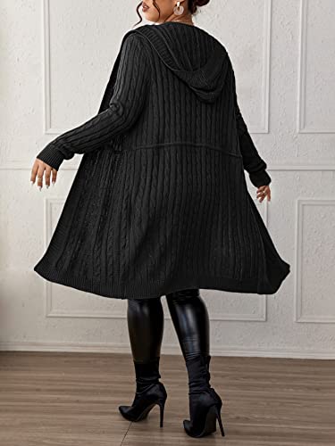Image of WDIRARA Women's Plus Size Drawstring Waist Long Sleeve Hooded Cable Knit Cardigan Sweater Black 3XL