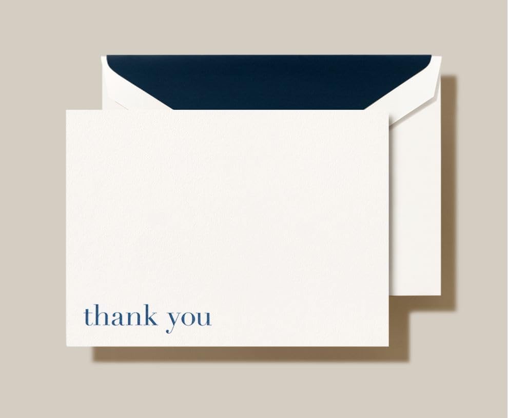 Crane & Co. Hand-Engraved Bodoni Blue Thank You Folded Notes, 3 13/16"x5 3/16". 100% Cotton Paper, 25 Folded Cards with Navy Lined Envelopes, Premium 32lb Stationery, Kid Finish, Made in USA