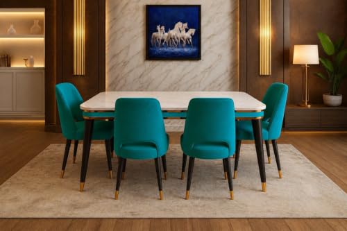 Image of WOODEN SPACE 4 Seater Wooden Dining Table Set | Urban Marble Top Dining Table with Chairs for Dining Room & Kitchen (Modern Vintage Sky Blue) (54 x 36 x 30 inch)