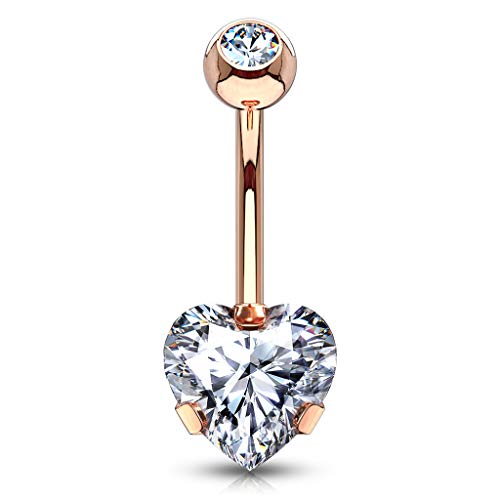 Amelia Fashion 14GA 8mm CZ Heart Prong Set Belly Button/Navel Ring 316L Surgical Steel (Rose Gold/Clear)