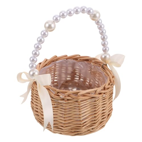 Flower Girl Basket Rustic round Wicker with Handle for Wedding