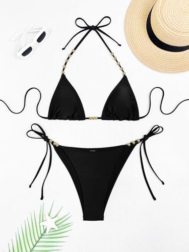 Image of Tainehs Women's Sexy Halter Thong Bikini Tie Two Sides Bottom Color Block SwimsuitsTriangle Bathing Suit
