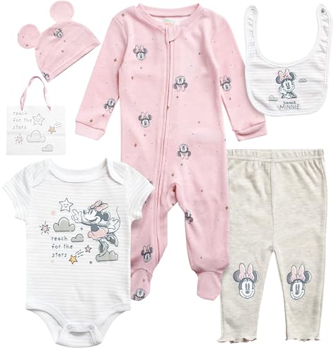 Image of Disney Newborn Baby Girl Boy Clothes - 7 Piece Mickey Mouse Winnie the Pooh Bib Onesie Overall Beanie Pants Gift Bag Gift Set