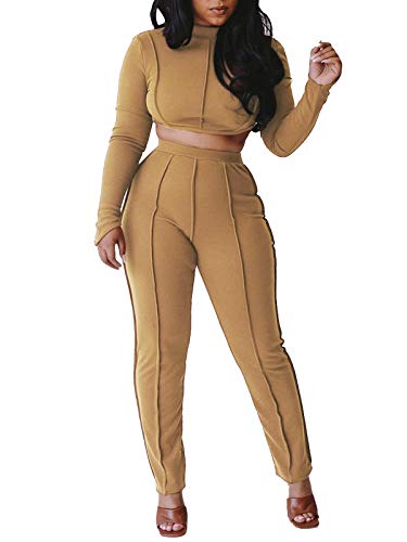 Sexy 2 Piece Club Outfits for Women Long Sleeve Lace up Bandage Crop Top + Skinny Leggings Khaki S