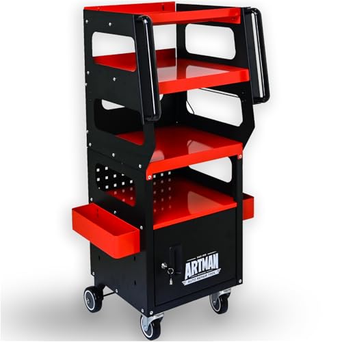 4-Level Multi-Purpose Trolley,Tool Cart on Wheels With Cabinet, Tool Chest Organizer, Diagnostic Trolley with 360°Locking Casters for Mechanics, Garage, Workshop. Service utility cart
