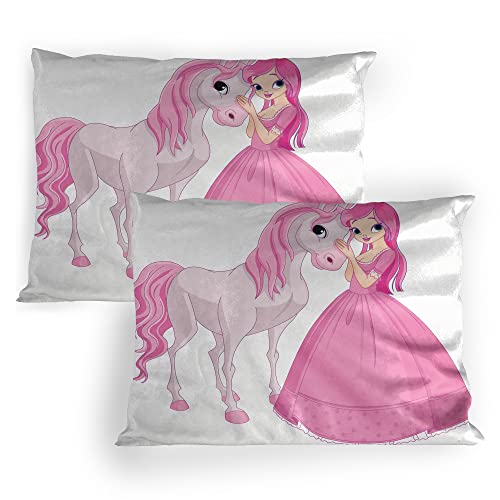 Lunarable Cartoon Pillow Sham Set of 2, Young Lady Posing with Her Pony Purebred Mare Noble Characters Tale, Quality Microfiber Bedding Item for All Seasons, 36