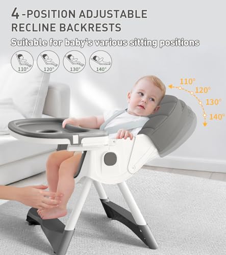 Image of Baby High Chair, 5 in 1 High Chairs for Babies and Toddlers, Travel Foldable High Chair with Detachable PU Cushion, Double Removable Tray, Adjustable Height & Recline, Locking Wheels (Grey)