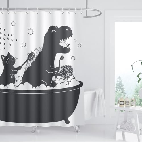 Image of Dinosaur Shower Curtain Funny Dino Cat for Kids Boys Trex Silhouette Animal Shadow Cartoon Black White Bathroom Waterproof Polyester Fabric 72Lx72W Inch with Hooks